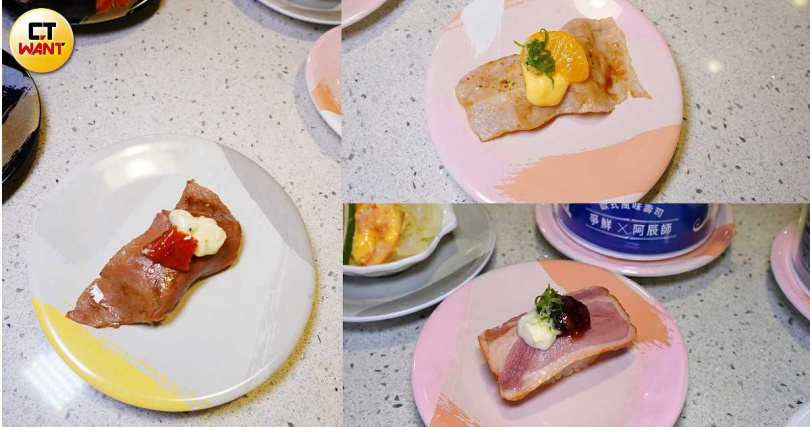 6款壽司中最具強烈歐風特色的可說是法式的「無花果櫻桃鴨」（右下）、「香草柑橘松阪豬」（右上）及義式的「油漬番茄翼板牛」。（圖／魏妤靜攝）